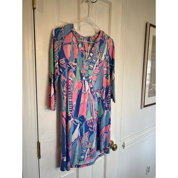Lilly‎ Pulitzer Out To Sea Pink Blue Sailboat 3/4 Sleeve Dress Size XS - Picture 2 of 12